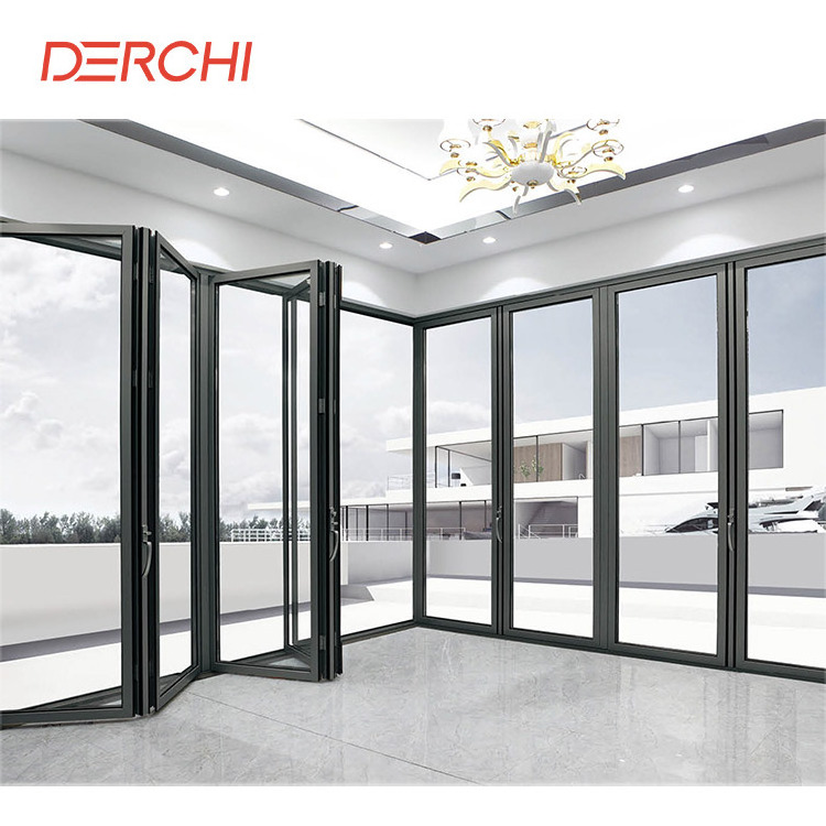 DERCHI Exterior Outdoor Windproof Aluminum Folding Glass Doors Patio with Mosquito Net