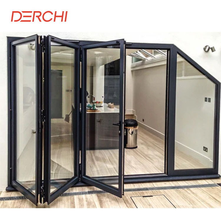 DERCHI Exterior Outdoor Windproof Aluminum Folding Glass Doors Patio with Mosquito Net