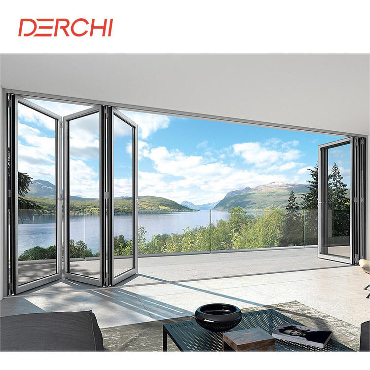 DERCHI Exterior Outdoor Windproof Aluminum Folding Glass Doors Patio with Mosquito Net