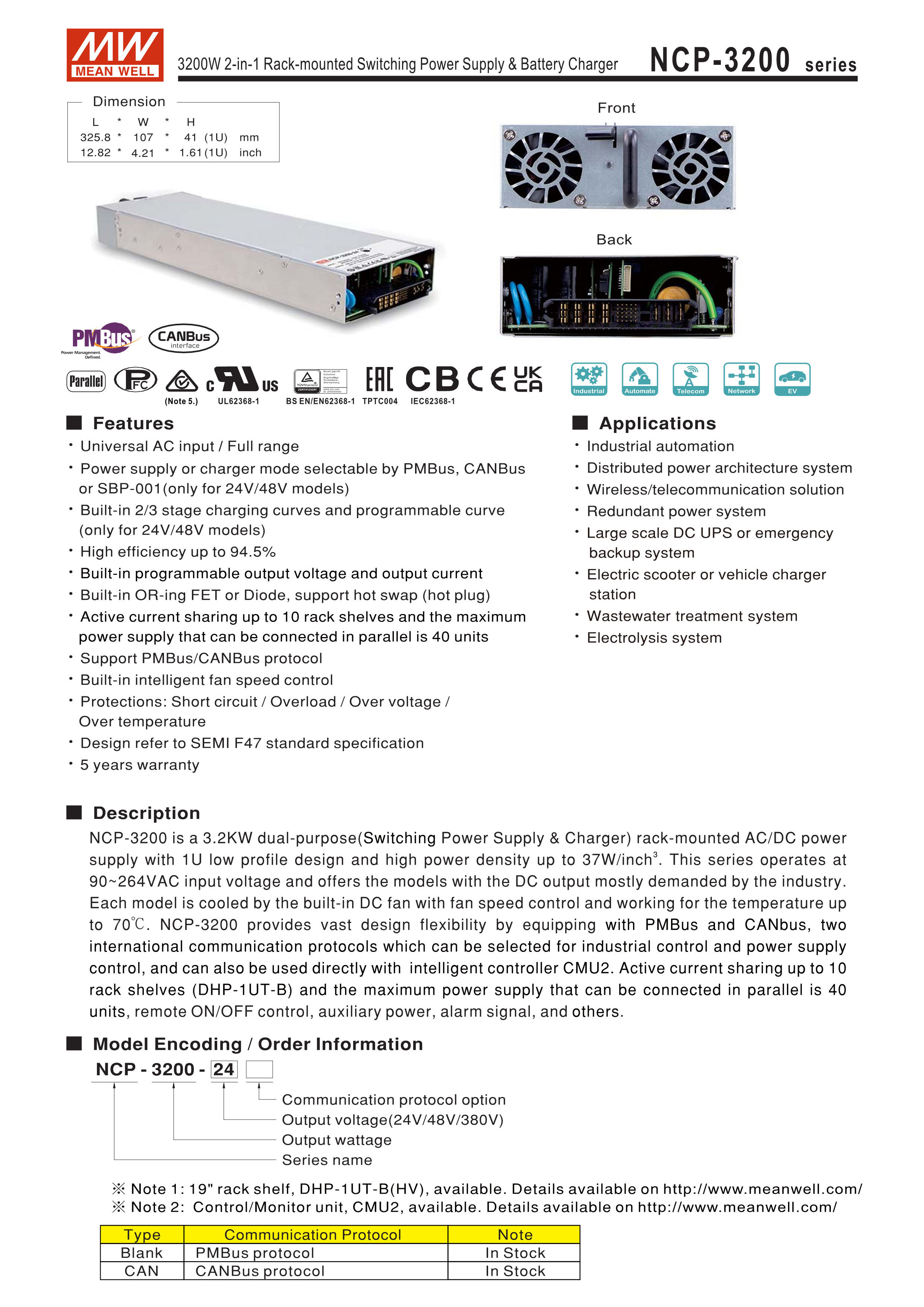 Meanwell ncp-3200-48 67A 3200W 2-in-1 Rack-mounted Switching Power Supply & Battery Charger NCP-3200 48V 24V 380V Mean well