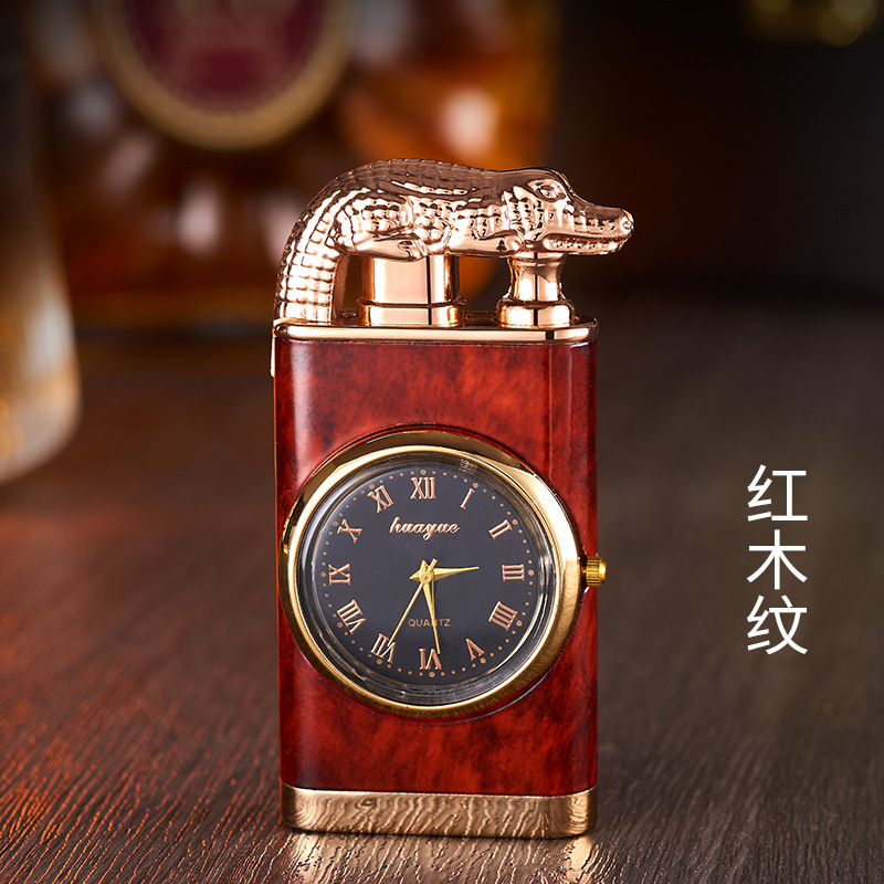 Personality Dual Fire Switch Lighter Quartz Watch Wooden Lighter Flush Windproof Blue Flame Crocodile Lighter