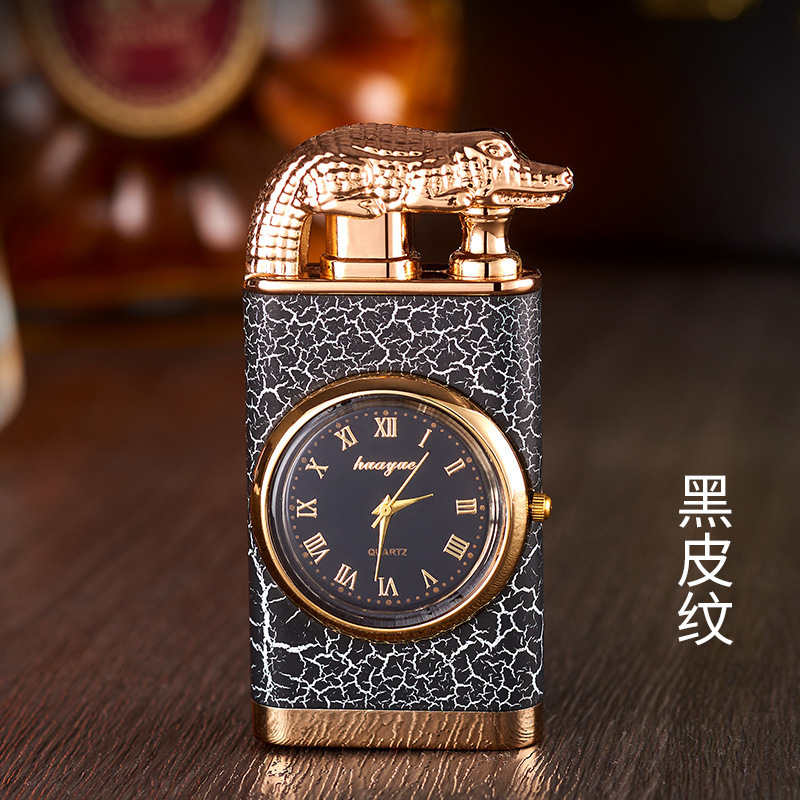 Personality Dual Fire Switch Lighter Quartz Watch Wooden Lighter Flush Windproof Blue Flame Crocodile Lighter