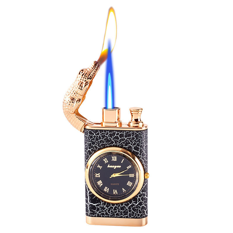 Personality Dual Fire Switch Lighter Quartz Watch Metal Flush Windproof Blue Flame Crocodile Lighter