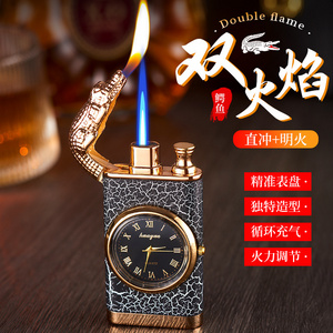 Personality Dual Fire Switch Lighter Quartz Watch Metal Flush Windproof Blue Flame Crocodile Lighter