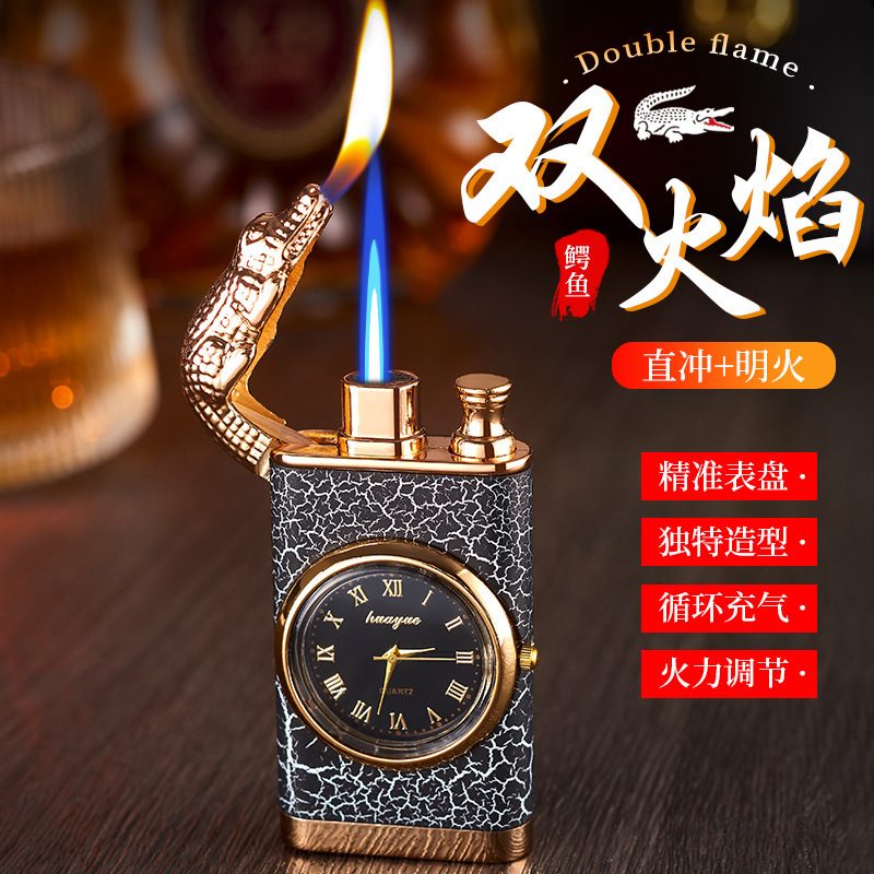 Personality Dual Fire Switch Lighter Quartz Watch Wooden Lighter Flush Windproof Blue Flame Crocodile Lighter