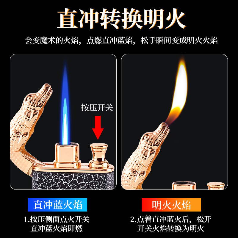 Personality Dual Fire Switch Lighter Quartz Watch Metal Flush Windproof Blue Flame Crocodile Lighter