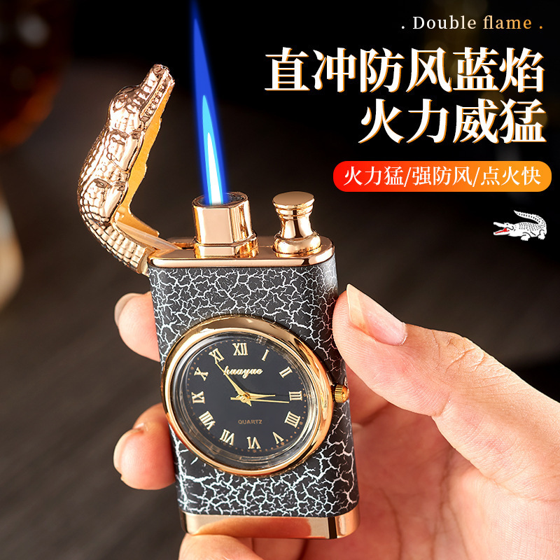 Personality Dual Fire Switch Lighter Quartz Watch Wooden Lighter Flush Windproof Blue Flame Crocodile Lighter