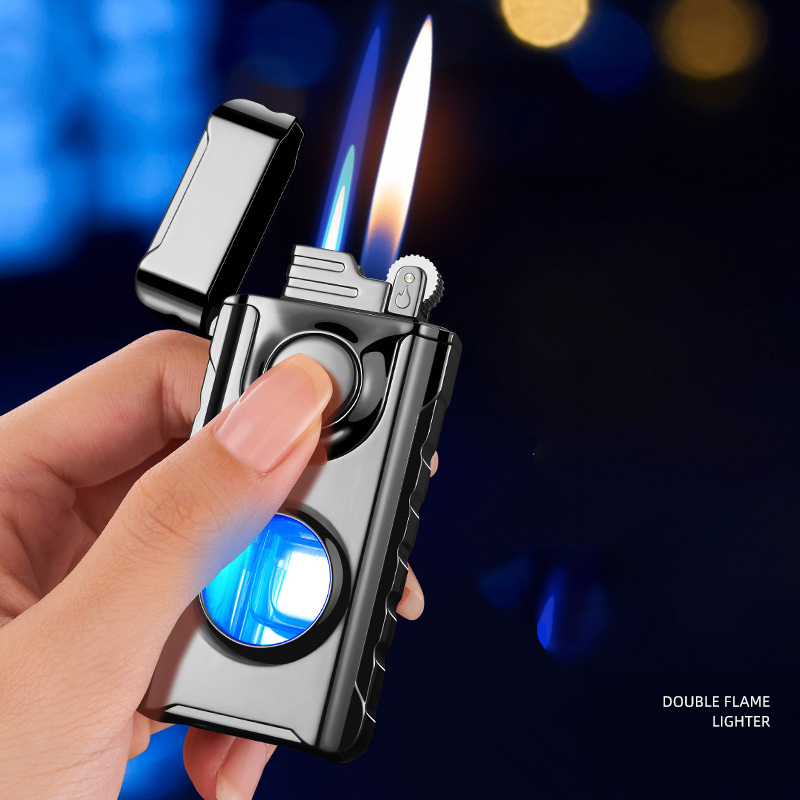 Creative personality double fire conversion lighter Cool Blue light butane lighter gas lighter wholesale