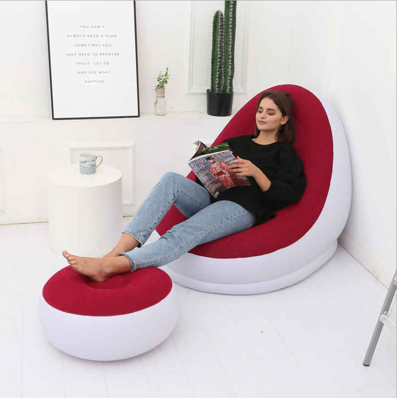 Modern Furniture PVC Inflatable Single Air Filling Flocking Living Room Furniture Lounge Sofa Chair with Footrest Sofa Bed Brown