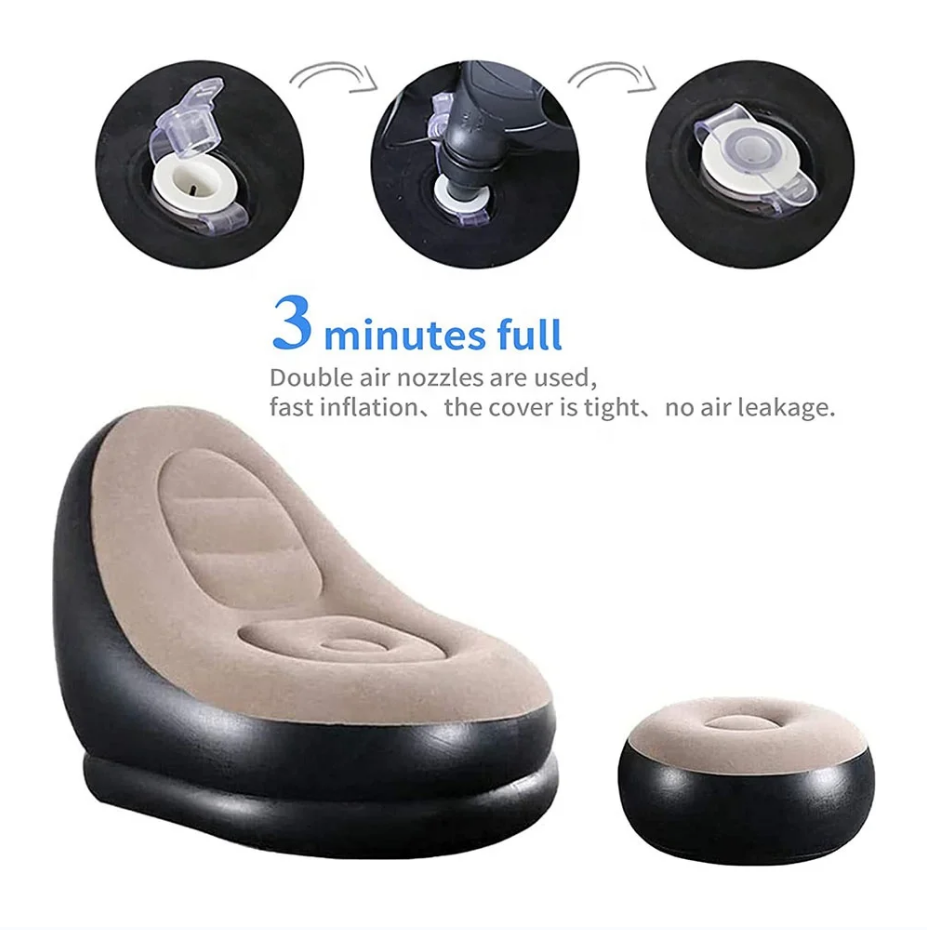 Modern Furniture PVC Inflatable Single Air Filling Flocking Living Room Furniture Lounge Sofa Chair with Footrest Sofa Bed Brown