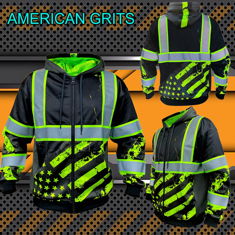 Reflective Fluorescence Green 3D Backwoods Safety Zipper High Viz Work  Hoodies Hi Vis Fleeced Sweatshirt Visibility Jacket