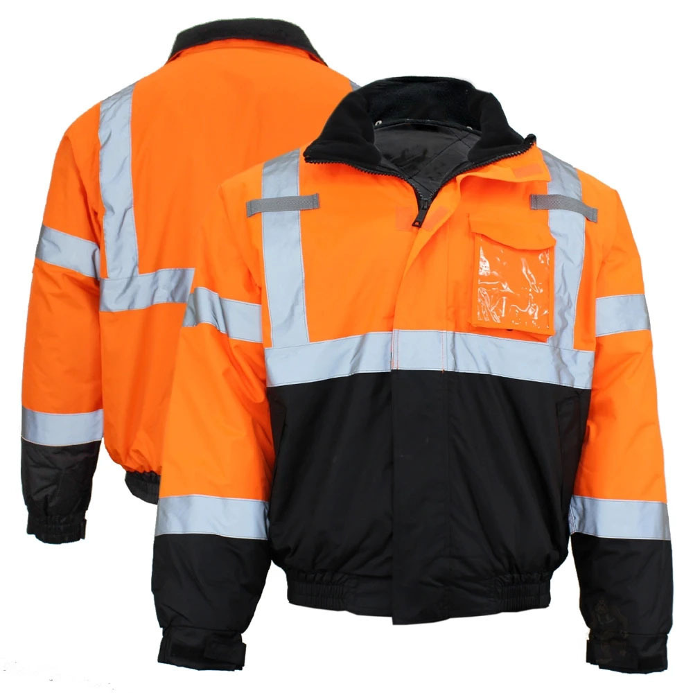 High visibility Class 3 Thermal Water Resistant Safety Bomber Orange  Green Construction Removable Concealed Hood Jacket