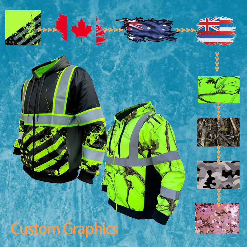 Reflective Fluorescence Green 3D Backwoods Safety Zipper High Viz Work  Hoodies Hi Vis Fleeced Sweatshirt Visibility Jacket