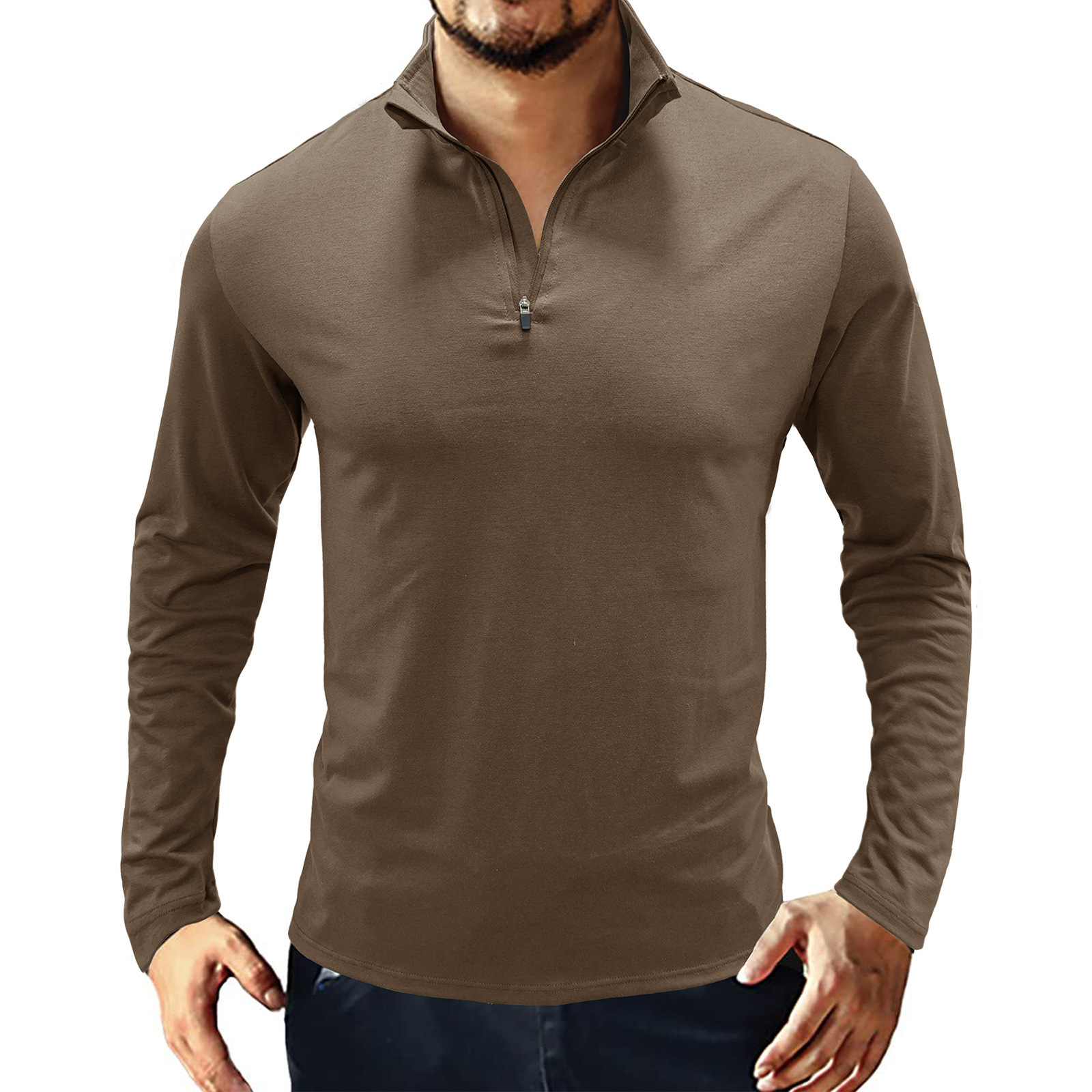 Men's Casual Zipper  V Neck Long Sleeve Blend Cotton Slim Fitted Stand Turn-Down Collar Polo Shirts