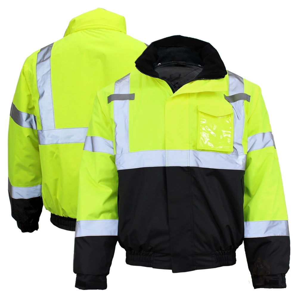 High visibility Class 3 Thermal Water Resistant Safety Bomber Orange  Green Construction Removable Concealed Hood Jacket