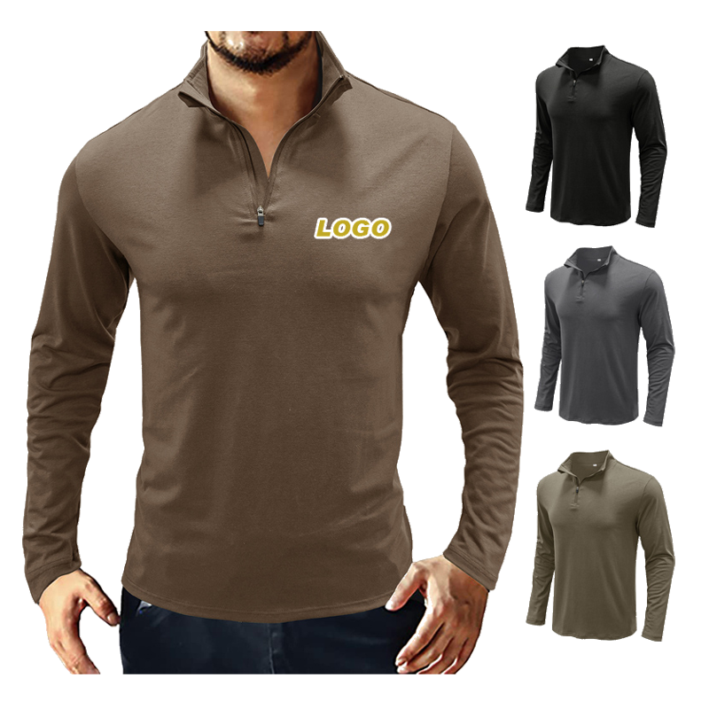 Men's Casual Zipper  V Neck Long Sleeve Blend Cotton Slim Fitted Stand Turn-Down Collar Polo Shirts