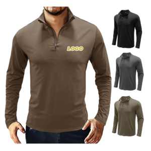 Men's Casual Zipper  V Neck Long Sleeve Blend Cotton Slim Fitted Stand Turn-Down Collar Polo Shirts