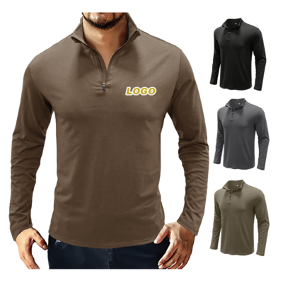 Men's Casual Zipper  V Neck Long Sleeve Blend Cotton Slim Fitted Stand Turn-Down Collar Polo Shirts