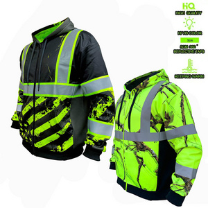 Reflective Fluorescence Green 3D Backwoods Safety Zipper High Viz Work  Hoodies Hi Vis Fleeced Sweatshirt Visibility Jacket