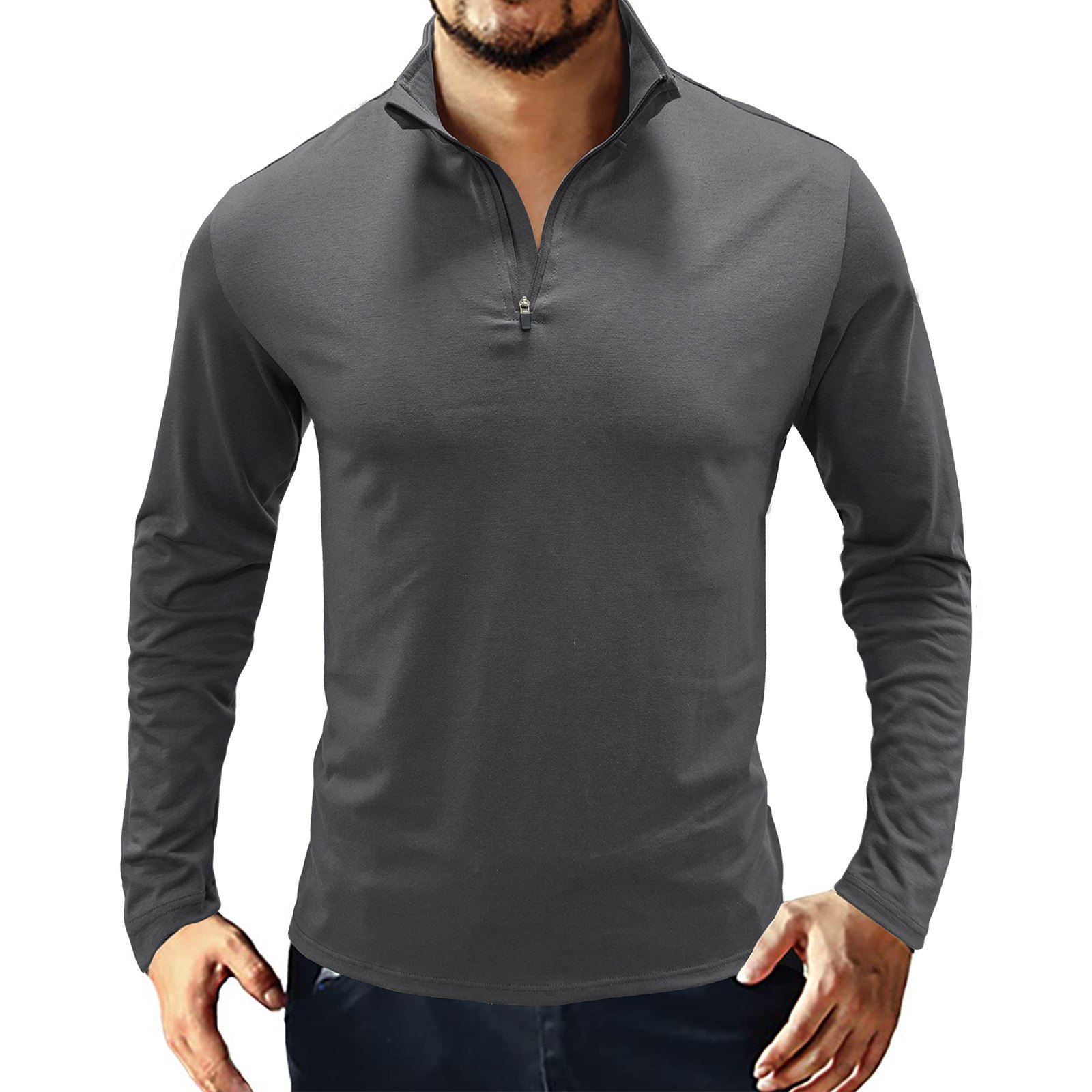 Men's Casual Zipper  V Neck Long Sleeve Blend Cotton Slim Fitted Stand Turn-Down Collar Polo Shirts