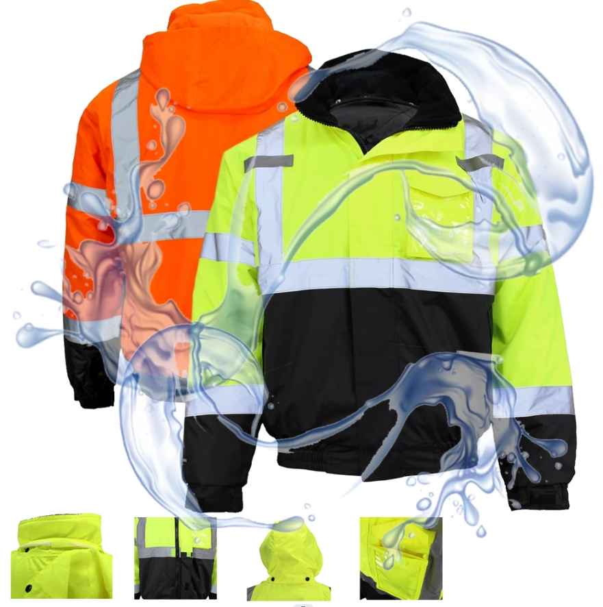 High visibility Class 3 Thermal Water Resistant Safety Bomber Orange  Green Construction Removable Concealed Hood Jacket