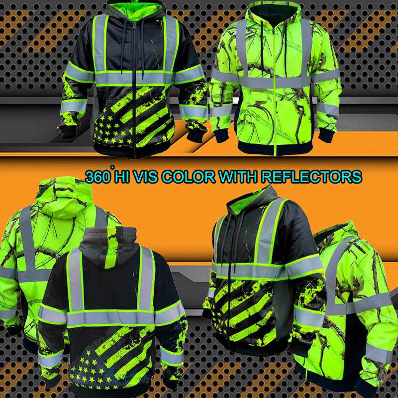 Reflective Fluorescence Green 3D Backwoods Safety Zipper High Viz Work  Hoodies Hi Vis Fleeced Sweatshirt Visibility Jacket