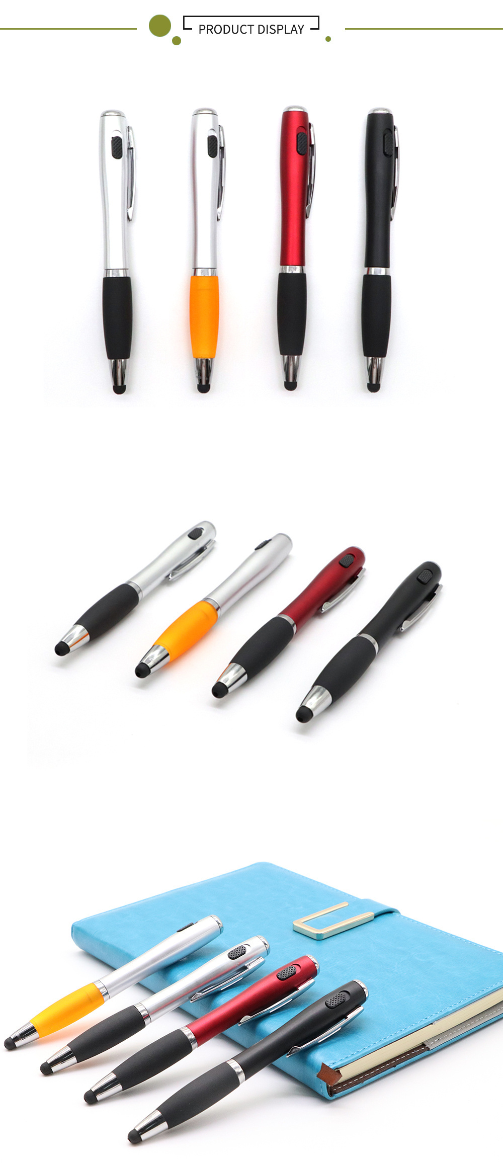 Promotional Business 3 In 1 Led Metal Pen Light Tip Ball With Stylus Flashlight Led Stylus Ballpoint Pen