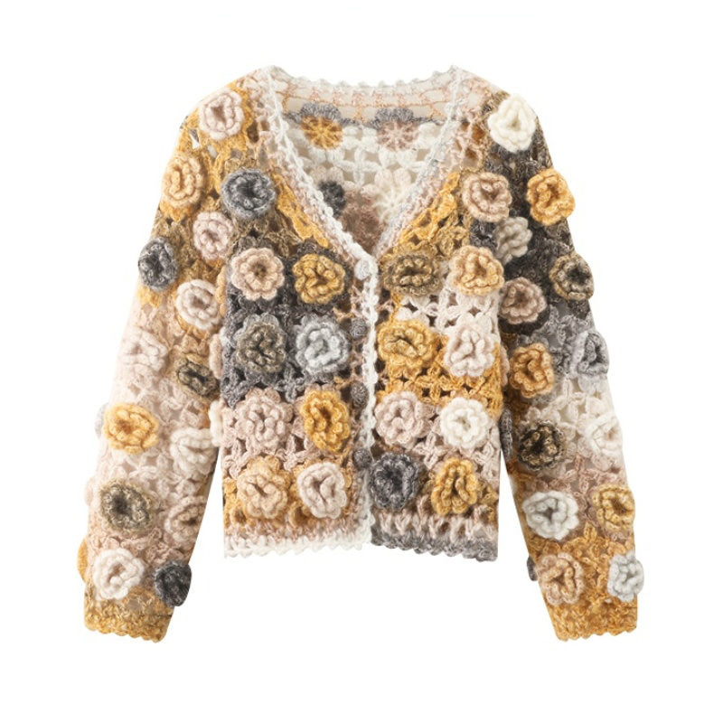 Crochet women cardigan sweater Ladies knitwear handmade flower heavy knit crochet cardigan for women