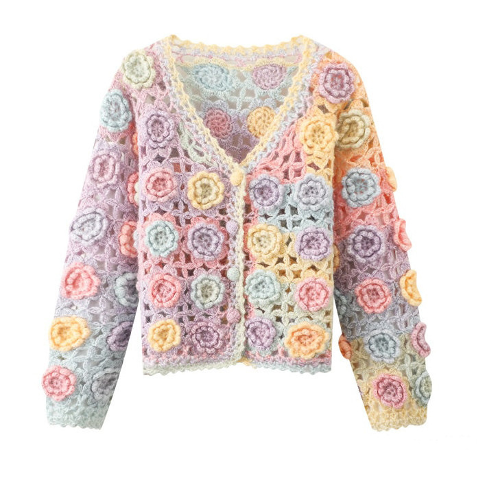 Crochet women cardigan sweater Ladies knitwear handmade flower heavy knit crochet cardigan for women