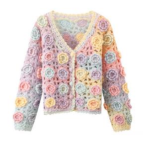 Crochet women cardigan sweater Ladies knitwear handmade flower heavy knit crochet cardigan for women