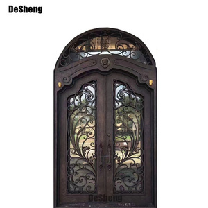 European Style Double External Door Custom Design Front Entry Doors Wrought Iron Peacock Glass Waterproof Steel Swing Plastic