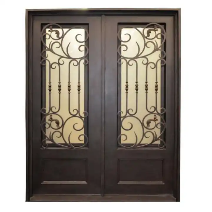 Smart American Luxury Retro Classic Cast Golden Decorate Entry Main Double Front Wrought Iron Door for House Doors