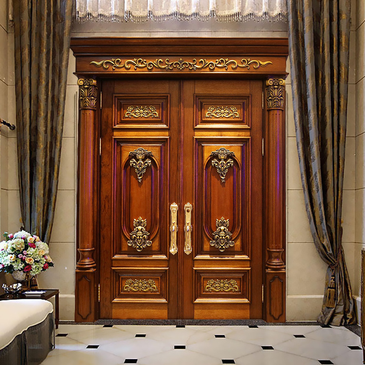 China supplier solid timber door entry teak wood door carved main front double doors design for house