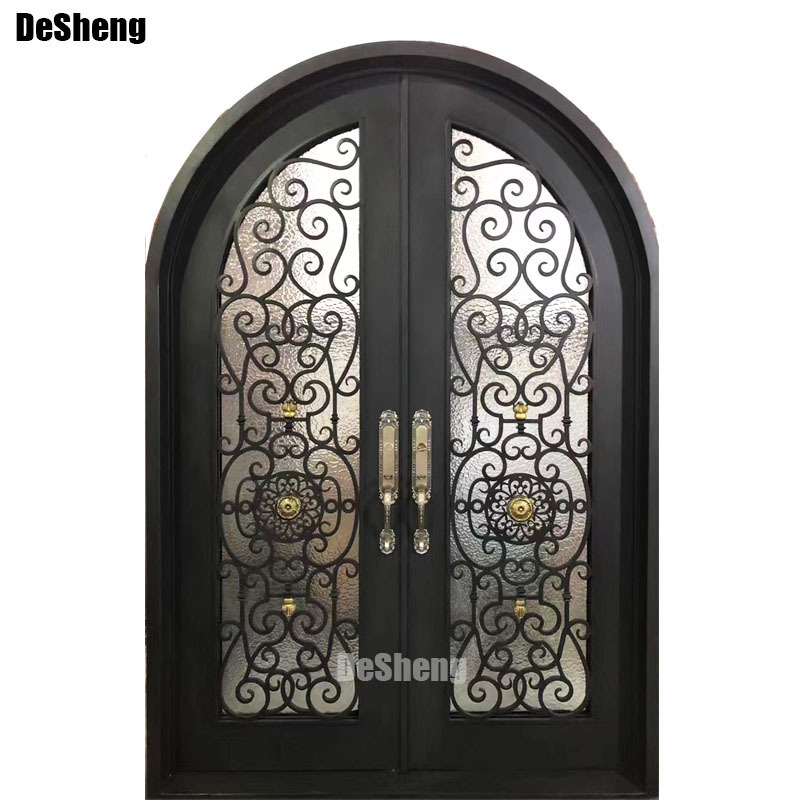 European Style Double External Door Custom Design Front Entry Doors Wrought Iron Peacock Glass Waterproof Steel Swing Plastic