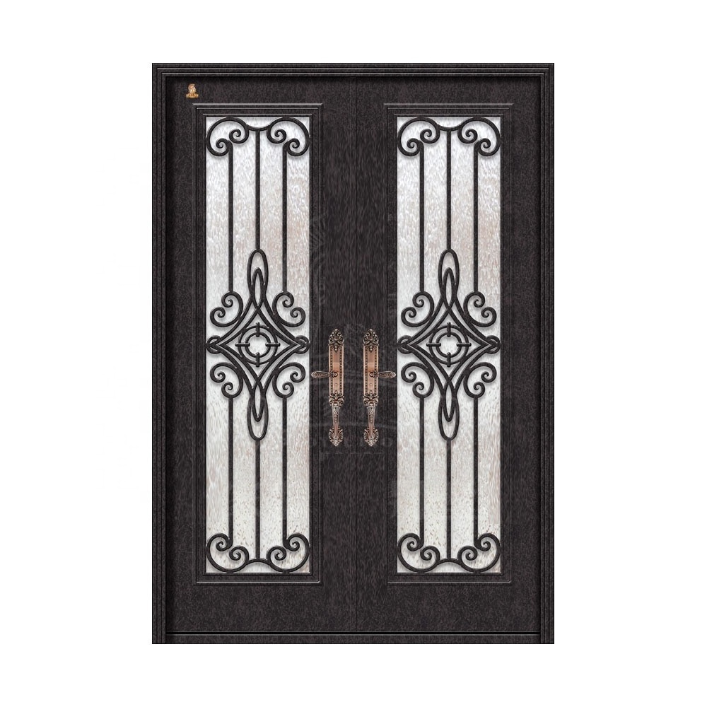 Factory Price French Exterior Double Glass Wrought Iron Doors Double Security Door Wrought Iron Front Entry Door