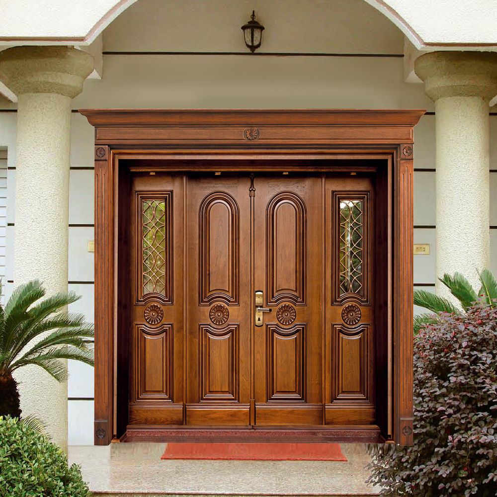 2023 Hot Selling Modern Villa Exterior Front Entrance Design Entry Double Leaf Wooden Exterior Doors for Houses