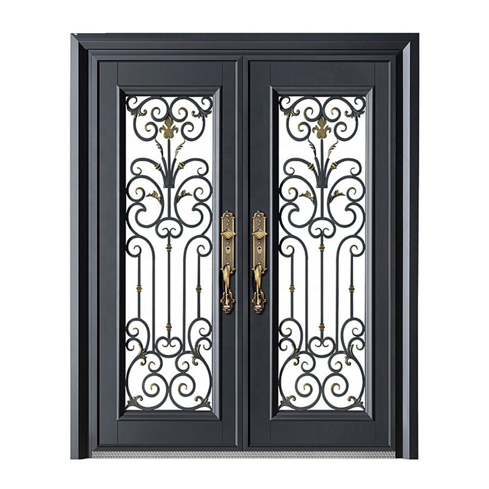 Factory Price French Exterior Double Glass Wrought Iron Doors Double Security Door Wrought Iron Front Entry Door