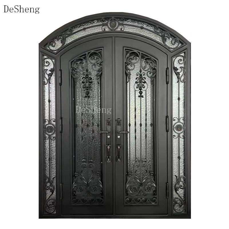 European Style Double External Door Custom Design Front Entry Doors Wrought Iron Peacock Glass Waterproof Steel Swing Plastic