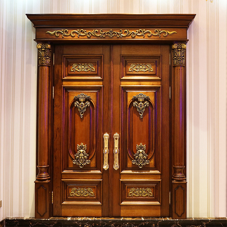 China supplier solid timber door entry teak wood door carved main front double doors design for house