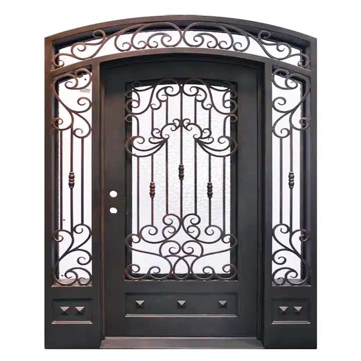 Smart American Luxury Retro Classic Cast Golden Decorate Entry Main Double Front Wrought Iron Door for House Doors