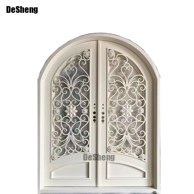 European Style Double External Door Custom Design Front Entry Doors Wrought Iron Peacock Glass Waterproof Steel Swing Plastic