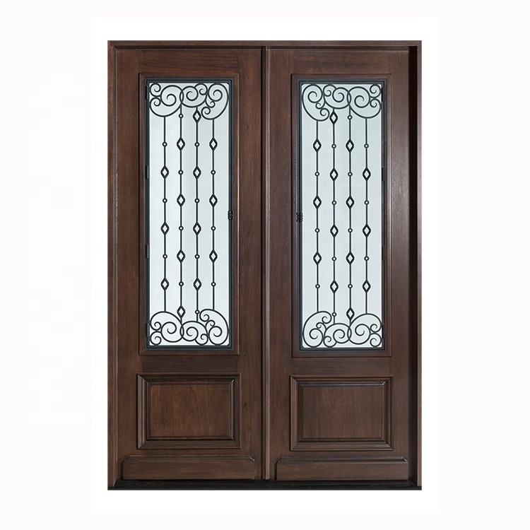 Decorative  Teak Panels Main Door Designs Double Arch Mahogany Glazed Red Wooden  French Doors