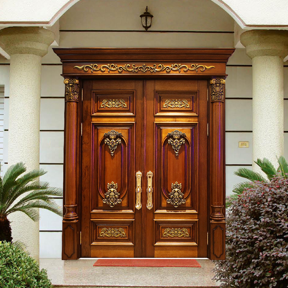 China supplier solid timber door entry teak wood door carved main front double doors design for house