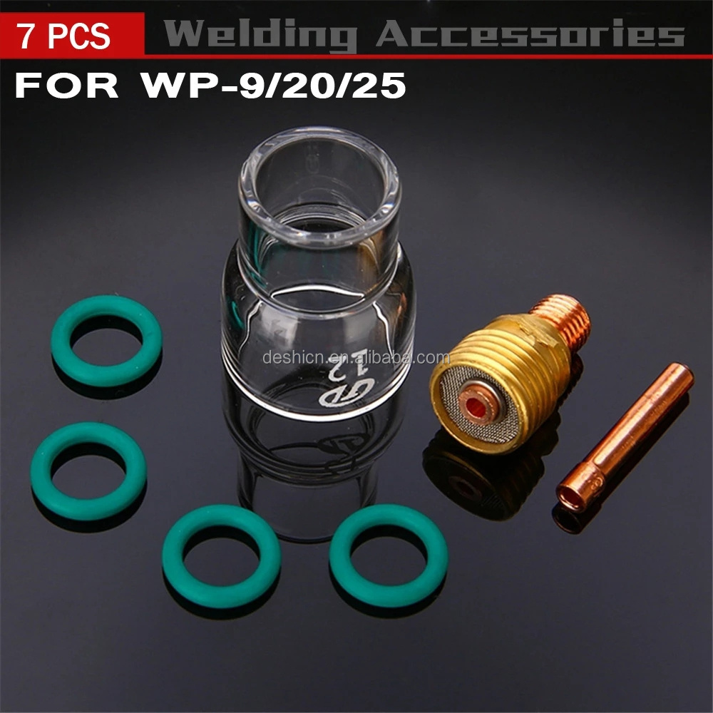 7Pcs #12 Pyrex Glass Cup Kit Stubby Collets Body Gas Lens Tig 1.0/1.6/2.4/3.2mm Welding Torch For Wp-9/20/25 Welding Accessories