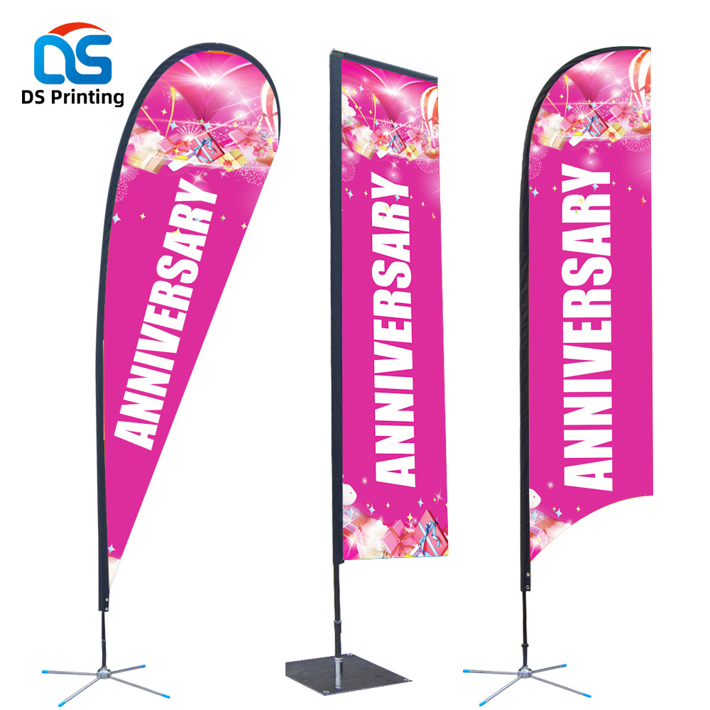 Custom logo outdoor exhibitions double sides sublimation printed flying feather teardrop beach banner flag with stand pole kit