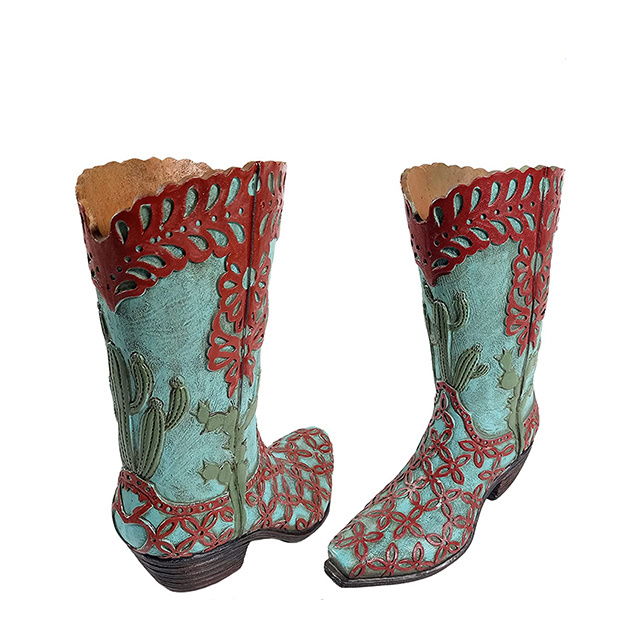 OEM Hand painted Classic Teal and Brown Decorative Western Cowboy Boot Vase,Floral Teal Cactus Brown Lace Flower Vase