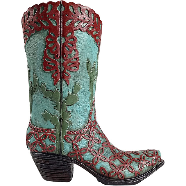 OEM Hand painted Classic Teal and Brown Decorative Western Cowboy Boot Vase,Floral Teal Cactus Brown Lace Flower Vase