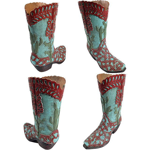 OEM Hand painted Classic Teal and Brown Decorative Western Cowboy Boot Vase,Floral Teal Cactus Brown Lace Flower Vase