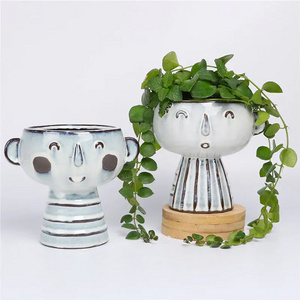 OEM  Blue Ceramic Head Planter Face Flower Pot Cute Garden Pot for Succulent Cactus Herbs Plants with Drainage Hole