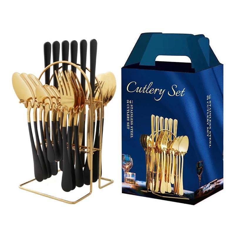 Factory Best Selling Cost Hollowware Sets For Dinning Decorative Black And Gold Modern Luxury Italian Cutlery Sets Flatware